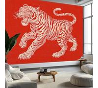 Wallpaper Photo Vintage Woodcut Angry Tiger 200 x 140 cm Murals Large TV Background Wall Art - Red Mural Decoration for Living Room Bedroom Luxury Art Poster Wall Covering