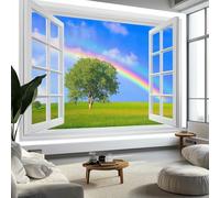 Wallpaper Photo Window View Meadow Rainbow Art Prin Non-Woven Eco-Friendly 200x140 cm Wall Mural Poster Photo Wallpaper for Dining Room Kitchen Home Decoration, Blue-Green