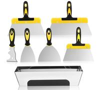 Wallpaper Scraper Set - 7 Pieces Stainless Steel Drywall Hand Tool Kit Includes Putty Knife, Taping Knife, and 12" Mud Pan with Soft Grip Handle for Drywall Work Decals Plastering Tools Set