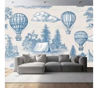 Wallpaper Travel Hot Air Balloon Blue-Beige Non-Woven Premium Art Print Fleece Wall Mural Decoration 200 x 140 cm Living Room Bedroom Home Decoration TV Backdrop Wall Blue Beige
