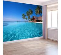 Wallpaper Tropical Island, Murals Ocean Beach Cottage 300 X 210 Cm Home Décor Wallpaper Blue for Bedrooms Hallways Restrooms Or Lounges - Trendy Stylish Feature Wall