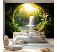 Wallpaper Tropical Nature Print Wall Mural 3D Photo Removable Peel and Stick Self-Adhesive 250 x 175 cm, Silk Fabric for Living Room Bedroom Nursery Home Decoration - Green Waterfall Rainforest