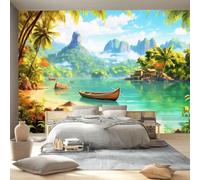 Wallpaper Tropical Print Wall Mural 3D Photo Removable Peel and Stick Self-Adhesive 300 x 210 cm, Silk Fabric for Living Room Bedroom Nursery Home Decoration - Green Boats Palm Trees Mountains
