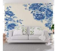 Wallpaper Vintage Chinese Peony Blue Non-Woven Mural Wallpaper Wall Art Home Decor 365x254cm(W x H) Photo Wall Mural for Living Room Bedroom Children’s Room Decoration Nature Peony Floral