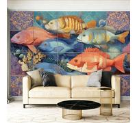 Wallpaper - Wall Mural 350 x 256 cm Non-Woven Premium Art Print Fleece Wall Mural Bohemian Style Schools of Fish Tiles Decoration Poster Picture Design Navy Blue
