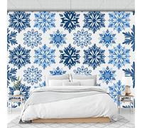 Wallpaper Wall Mural Blue Watercolor Snowflake Pattern 200 X 150 Cm Geometric Mandala Art Photo Wallpaper Non-Woven Wall Mural Poster, for Living Room Bedroom Corridor Tv Background Decor Murals
