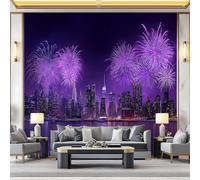 Wallpaper - Wall Mural City Fireworks Night View Non-Woven Premium Art Print Fleece 157.5" x 110.2" Wall Mural Decoration Poster Picture Design Room Bedroom Purple