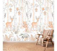 Wallpaper Wall Mural Country Rustic Cartoon Deer Bears Birch Trees 3D Effect Wall Decor Non-Woven Poster Wallpaper 300 x 210 cm Mural Decoration for Bedroom Living Room Hallway Kids Room