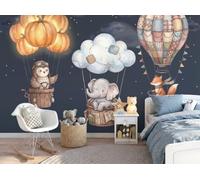 Wallpaper Wall Mural Dark BlueFairy Tale Illustrations Owl Elephant Fox Airship 250 × 175 cm 3D Photo Wallpaper Silk Walls Mural Poster, For Living Room Bedroom TV Background Wall Decor Murals