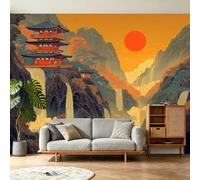 Wallpaper Wall Mural Japanese Landscape Pagoda Waterfall Mountains Sun 3D Effect Wall Decor Non-Woven Poster Wallpaper 300 x 210 cm Mural Decoration for Bedroom Living Room Hallway Kids Room