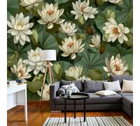 Wallpaper Wall Mural Sage Greenrealistic Lotus Pond White Water Lilies Green Leaves 350 × 256 Cm 3D Photo Wallpaper Silk Walls Mural Poster, For Living Room Bedroom Tv Background Wall Decor Murals