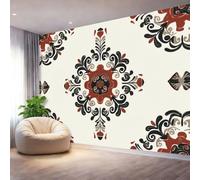 Wallpaper Wall Mural Traditional Ethnic Symmetrical Geometric Red Cream Theme Photo Wallpaper Non-Woven Wall Mural Poster for Living Room Bedroom Corridor TV Background Wall Decor Murals, 250 x 175 cm