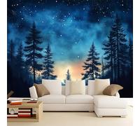 Wallpaper Wall Mural Watercolor Forest Night Sky 3D Effect Wall Decor Non-Woven Poster Wallpaper Dark Blue Wall Covering for Bedroom Living Room and Kids Room Print Mural Wallpaper 300 x 210 cm