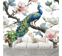 Wallpaper - Wall Mural White Non-Woven Wall Mural Watercolor Peacock Florals Home Decoration Poster Picture for Living Room Bedroom & Home Interiors Wallpaper 250x175 cm