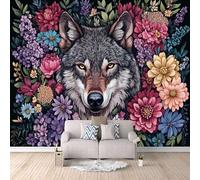 Wallpaper - Wall Mural Wolf 100 x 70 cm / 39.3" x 27.5" - Non-Woven Premium Art Print Fleece Wall Mural Decoration Poster Picture Design Modern - Colorful Floral Animal Wolf C-B-0403-1A