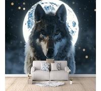Wallpaper - Wall Mural Wolf 300 x 210 cm / 118" x 82.6" - Non-Woven Premium Art Print Fleece Wall Mural Decoration Poster Picture Design Modern - Night Moon Animal Wolf C-B-1769-1-A