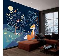 Wallpaper Wall Murals Cartoon Animal Fox Blue Mural for Bedroom Living Room Decor, Non-Woven Print Photo Wallpaper 300x210 cm Wall Decorative Background