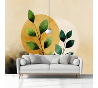 Wallpaper Wall Murals Watercolor Painting Leaves Circle Beige Mural for Bedroom Living Room Decor, Non-Woven Print Photo Wallpaper 350x245 cm Wall Decorative Background
