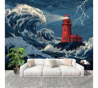 Wallpaper Wall Sticker At Sea A Lighthouse Waves Non-Woven Print Photo Dark Blue Photo Wall Art for Bedroom Study Game Room Living Room Decor 400x280cm