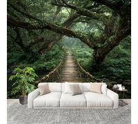 Wallpaper Wall Sticker Jungle Wooden Suspension Bridge Non-Woven Print Photo Wallpaper Green Photo Wall Art for Bedroom Study Game Room Living Room Decor 300x210cm