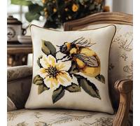 Wallphantom Animal Cross Stitch Cushion Covers Kits,bee on Flower,Embroidery Kit Printed Tapestry Canvas 11Ct Cushion for Creative Home Decor,45x45cm
