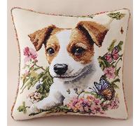 Wallphantom Animal Dog Cross Stitch Cushion Kit,Jack Russell Terrier in Flowers,Embroidery Cushion Kit,for Creative Home Décor Needlework for Adult Beginners,45x45cm