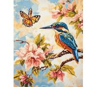 Wallphantom Animal Kingfisher DIY Embroidery Painting Needlework,Flower Branches,Cross-Stitch Complete Kit Handicraft for Living Room Wall Home Decor,16x20in Cross Stitch