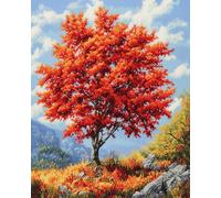 Wallphantom Autumn Landscape Latch Hook Kits for Kids and Adults,A red Maple Tree,DIY Latch Hook Rug Making Kit,Carpet Making Crochet Kits Needlework Crafts for Home Decor,80x115cm