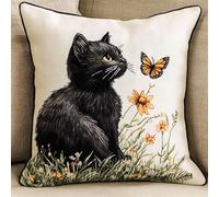 Wallphantom Butterfly Wildflowers Stamped Embroidery Pillowcases,Animal a Black cat,Cross Stitch Cushion Cover Embroidery Kit Pillow Cases for Home Art Decoration Gifts,45x45cm