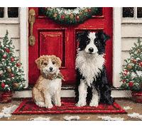 Wallphantom Christmas DIY Latch Hook Rug Kit Handmade Carpet,Cat and Dog in Front of The Door,Crochet Yarn Embroidery Needlework Hook Kit for Beginners,Home Decor Festival,Gift,80x160cm