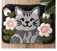 Wallphantom DIY Craft Latch Hook Rug Kits,Gray cat and Flowers,Printed Carpet Crochet Yarn Kits,Handcraft Cushion Crocheting Hook Home Decoration for Family Friends,55x75cm