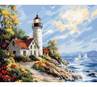 Wallphantom DIY Craft Latch Hook Rug Kits,Lighthouse hut by The sea,Printed Carpet Crochet Yarn Kits,Handcraft Cushion Crocheting Hook Home Decoration for Family Friends,55x75cm