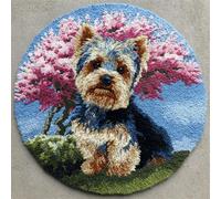 Wallphantom DIY Craft Latch Hook Rug Kits,Yorkshire Terrier Under The Cherry Blossom Tree,Printed Carpet Crochet Yarn Kits,Handcraft Cushion Crocheting Hook Home Decoration for Family Friends,50x50cm