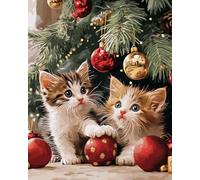 Wallphantom DIY Paint by Numbers for Adults Beginner,Christmas Cat Under The Christmas Tree,Canvas Oil Painting Kit Paint by Number Kits Gift Home Wall Decor,16x20inch with Frame