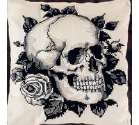 Wallphantom Embroidery Pillow Covers Kits Cushion Cases,Black Skull and Flowers,Cross Stitch Cushion Embroidery Kit Pillowcase for Beginners,45x45cm