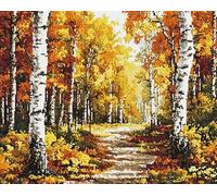 Wallphantom Full Embroidery Kits Cross Stitch Canvas,Autumn Birch Forest Landscape,Picture 16x20in Stamped Cross Stitch Kit for Adults DIY Needlework