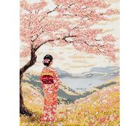 Wallphantom Japanese Style Cross Stitch Stamped Kits,Woman Under The Cherry Tree,Easy Patterns Cross Stitching Embroidery Needlework Kit Supplies,11CT 40x50cm Cross Stitch Kits