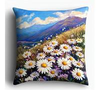 Wallphantom Landscape Cross Stitch Cushion Kit,Daisy Bushes at The Foot of The Mountain,Embroidery Cushion Kit,for Creative Home Décor Needlework for Adult Beginners,45x45cm