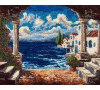 Wallphantom Landscape DIY Craft Latch Hook Rug Kits,Houses by The sea,Printed Carpet Crochet Yarn Kits,Handcraft Cushion Crocheting Hook Home Decoration for Family Friends,55x75cm