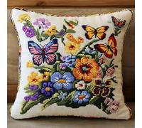 Wallphantom Landscape Embroidery Pillow Covers Kits Cushion Cases,Colorful Butterflies and Flowers,Cross Stitch Cushion Embroidery Kit Pillowcase for Beginners,45x45cm