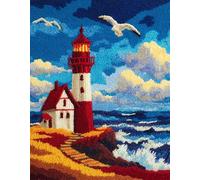Wallphantom Landscape Latch Hook Crafts Kits for Adults,Lighthouse and Seagulls on The Seashore,Pre-Printed Handmade Tapestry Kits for Home Decoration Festival Gift,90x120cm