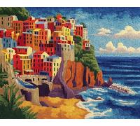 Wallphantom Landscape Latch Hook Kits for Adults,Small Town with Colorful Houses by The sea,3D Crochet Hooks Kit Rug Carpet Making Cushion DIY Crafting for Home Party Decor,Latch Hook Rug,60x90cm