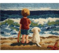 Wallphantom Landscape Latch Hook Rug Kits for Adults Beginners,boy and Dog at The Beach,Latch Hook Kits for Bedroom,Living Cushion Adult Craft Gifts,52x38cm