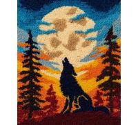 Wallphantom Latch Hook Kits for Adults,Wolf Under The Moon,Pre-Printed Canvas DIY Rug Making Kit Crochet Yarn for Kids Beginners,Crafts Carpet for Home Decoration,52x38cm