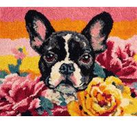 Wallphantom Latch Hook Kits Rugs,French Bulldogs and Flowers,Latch Hook Rug Kits for Adults Beginners,DIY Crochet Set,Tapestry Making Kit,Embroidery Sofa Cushion Carpet,55x75cm