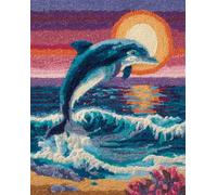 Wallphantom Latch Hook Rug Kit for Adults,Dolphins Leaping Out of the Water,Printed Canvas Crochet Yarn Floor Mat Embroidery DIY Hook and Latch Kit Carpet for Christmas Decoration,52x38cm