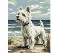 Wallphantom West Highland White Terrier Stamped Cross Stitch Kits for Adults,Animals Dog Beach Landscape,Embroidery Cross Stitch Kits,40x50cm DIY Easy Cross Stitch Kits for Needlework Craft