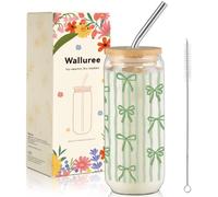 Walluree Glass Cups with Lids and Straws 20oz Green Bow Iced Coffee Tumbler | Cute Green Striped Bowknot Smoothie Matcha Boba Tea Latte Juice Glassware, Women Mom Girl Her Christmas Birthday Party Gifts