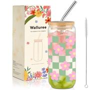 Walluree Glass Cups with Lids and Straws 600ml Flower Iced Coffee Tumbler | Checkered Floral Smoothie Matcha Boba Tea Latte Juice Glassware, Women Mom Girl Her Christmas Birthday Party Gifts, Green