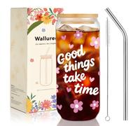 Walluree Glass Cups with Lids and Straws 600ml Flower Iced Coffee Tumbler | Cute Floral Good Things Take Time Smoothie Matcha Boba Tea Latte Juice Glassware, Women Girls Christmas Birthday Party Gifts